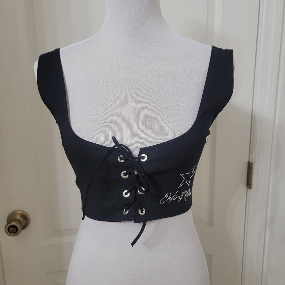 Odi et Amo Size "One Size" Black Cropped Corset Style Top with Rhinestones, NEW